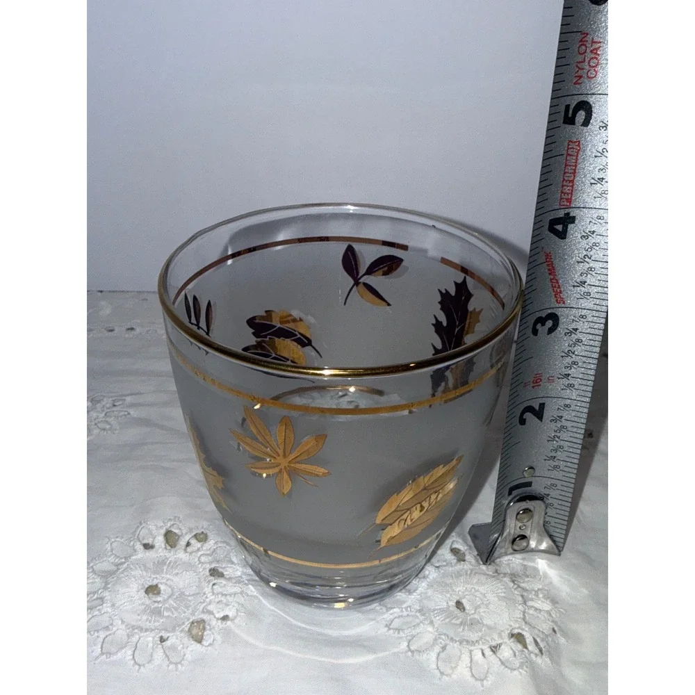 Libbey Golden Foliage 8 Rocks Glasses Ice Bucket Brass Caddy Set Vintage MCM